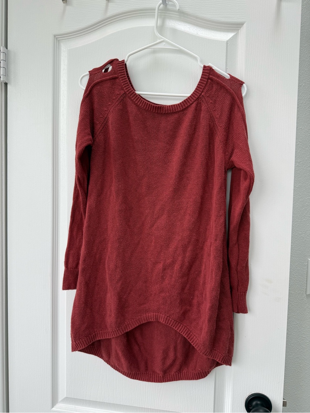 Grace & Lace Open-Shoulder Scoop Neck Sweater - Berry Red